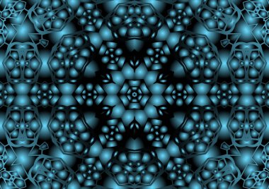 Dijital illüstrasyon, geometrik soyut renkli kaleydoskop simetrik desen ve gradyan etkisi. Klasik güzel dekoratif mavi arkaplan