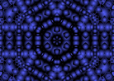 Dijital illüstrasyon, geometrik soyut renkli kaleydoskop simetrik desen ve gradyan etkisi. Klasik güzel dekoratif mavi arkaplan