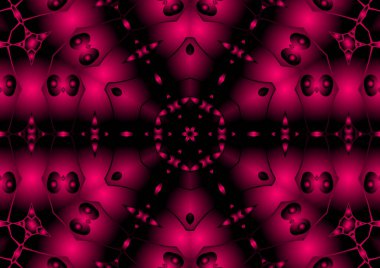 Dijital illüstrasyon, geometrik soyut renkli kaleydoskop simetrik desen ve gradyan etkisi. Klasik güzel dekoratif kırmızı arkaplan