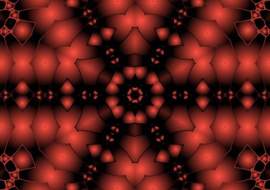 Dijital illüstrasyon, geometrik soyut renkli kaleydoskop simetrik desen ve gradyan etkisi. Klasik güzel dekoratif kırmızı arkaplan