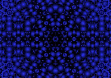 Dijital illüstrasyon, geometrik soyut renkli kaleydoskop simetrik desen ve gradyan etkisi. Klasik güzel dekoratif mavi arkaplan