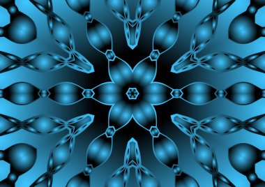 Dijital illüstrasyon, geometrik soyut renkli kaleydoskop simetrik desen ve gradyan etkisi. Klasik güzel dekoratif mavi arkaplan