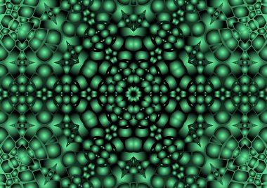 Dijital illüstrasyon, geometrik soyut renkli kaleydoskop simetrik desen ve gradyan etkisi. Klasik güzel dekoratif yeşil arkaplan
