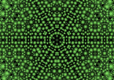 Dijital illüstrasyon, geometrik soyut renkli kaleydoskop simetrik desen ve gradyan etkisi. Klasik güzel dekoratif yeşil arkaplan