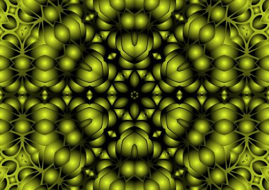 Dijital illüstrasyon, geometrik soyut renkli kaleydoskop simetrik desen ve gradyan etkisi. Klasik güzel dekoratif sarı arkaplan