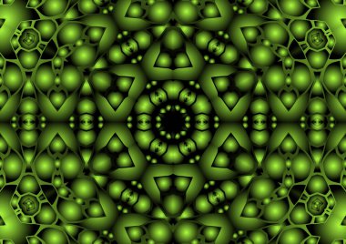 Dijital illüstrasyon, geometrik soyut renkli kaleydoskop simetrik desen ve gradyan etkisi. Klasik güzel dekoratif yeşil arkaplan