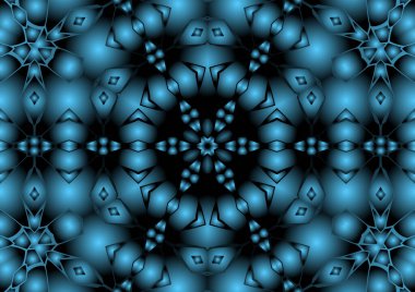 Dijital illüstrasyon, geometrik soyut renkli kaleydoskop simetrik desen ve gradyan etkisi. Klasik güzel dekoratif mavi arkaplan