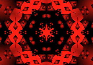 Dijital illüstrasyon, geometrik soyut renkli kaleydoskop simetrik desen ve gradyan etkisi. Klasik güzel dekoratif kırmızı arkaplan