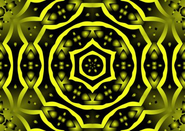 Dijital illüstrasyon, geometrik soyut renkli kaleydoskop simetrik desen ve gradyan etkisi. Klasik güzel dekoratif sarı arkaplan