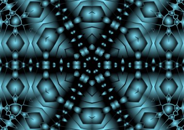 Dijital illüstrasyon, geometrik soyut renkli kaleydoskop simetrik desen ve gradyan etkisi. Klasik güzel dekoratif mavi arkaplan