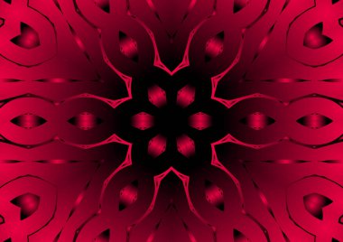 Dijital illüstrasyon, geometrik soyut renkli kaleydoskop simetrik desen ve gradyan etkisi. Klasik güzel dekoratif kırmızı arkaplan