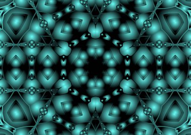 Dijital illüstrasyon, geometrik soyut renkli kaleydoskop simetrik desen ve gradyan etkisi. Klasik güzel dekoratif mavi arkaplan