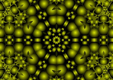 Dijital illüstrasyon, geometrik soyut renkli kaleydoskop simetrik desen ve gradyan etkisi. Klasik güzel dekoratif sarı arkaplan