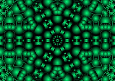 Dijital illüstrasyon, geometrik soyut renkli kaleydoskop simetrik desen ve gradyan etkisi. Klasik güzel dekoratif yeşil arkaplan
