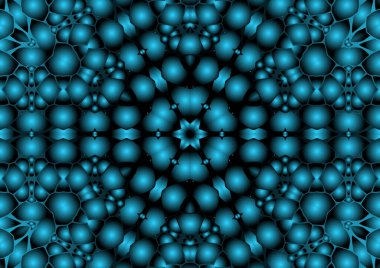 Dijital illüstrasyon, geometrik soyut renkli kaleydoskop simetrik desen ve gradyan etkisi. Klasik güzel dekoratif mavi arkaplan