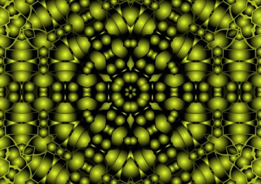 Dijital illüstrasyon, geometrik soyut renkli kaleydoskop simetrik desen ve gradyan etkisi. Klasik güzel dekoratif sarı arkaplan