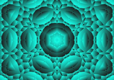 Dijital illüstrasyon, geometrik soyut renkli kaleydoskop simetrik desen ve gradyan etkisi. Klasik güzel dekoratif mavi arkaplan