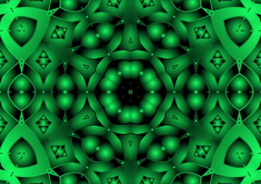 Dijital illüstrasyon, geometrik soyut renkli kaleydoskop simetrik desen ve gradyan etkisi. Klasik güzel dekoratif yeşil arkaplan