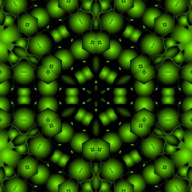 Dijital illüstrasyon, geometrik soyut renkli kaleydoskop simetrik desen ve gradyan etkisi. Klasik güzel dekoratif yeşil arkaplan