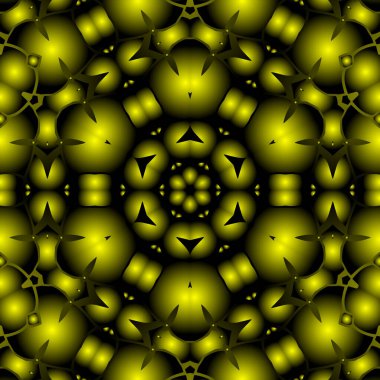 Dijital illüstrasyon, geometrik soyut renkli kaleydoskop simetrik desen ve gradyan etkisi. Klasik güzel dekoratif sarı arkaplan