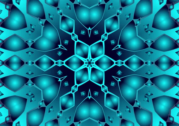 Dijital illüstrasyon, geometrik soyut renkli kaleydoskop simetrik desen ve gradyan etkisi. Klasik güzel dekoratif mavi arkaplan