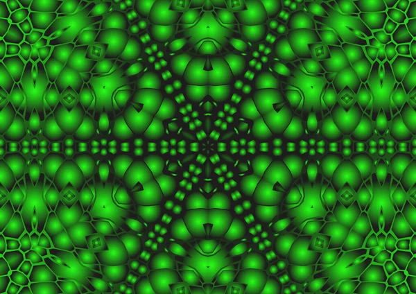 Dijital illüstrasyon, geometrik soyut renkli kaleydoskop simetrik desen ve gradyan etkisi. Klasik güzel dekoratif yeşil arkaplan