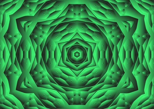 Dijital illüstrasyon, geometrik soyut renkli kaleydoskop simetrik desen ve gradyan etkisi. Klasik güzel dekoratif yeşil arkaplan