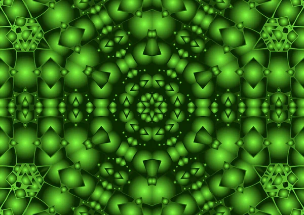 Dijital illüstrasyon, geometrik soyut renkli kaleydoskop simetrik desen ve gradyan etkisi. Klasik güzel dekoratif yeşil arkaplan