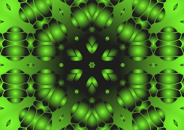 Dijital illüstrasyon, geometrik soyut renkli kaleydoskop simetrik desen ve gradyan etkisi. Klasik güzel dekoratif yeşil arkaplan