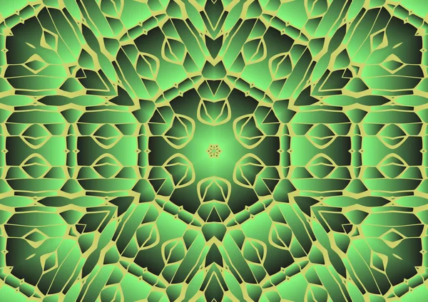 Dijital illüstrasyon, geometrik soyut renkli kaleydoskop simetrik desen ve gradyan etkisi. Klasik güzel dekoratif yeşil arkaplan