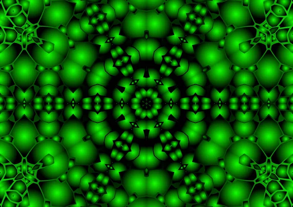 Dijital illüstrasyon, geometrik soyut renkli kaleydoskop simetrik desen ve gradyan etkisi. Klasik güzel dekoratif yeşil arkaplan
