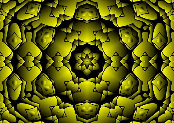 Dijital illüstrasyon, geometrik soyut renkli kaleydoskop simetrik desen ve gradyan etkisi. Klasik güzel dekoratif sarı arkaplan