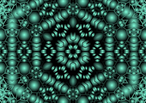 Dijital illüstrasyon, geometrik soyut renkli kaleydoskop simetrik desen ve gradyan etkisi. Klasik güzel dekoratif yeşil arkaplan