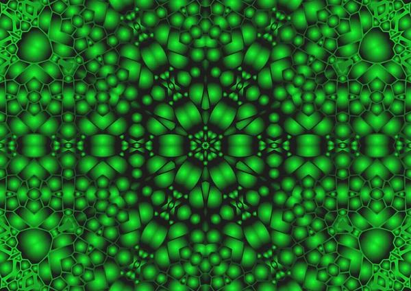 Dijital illüstrasyon, geometrik soyut renkli kaleydoskop simetrik desen ve gradyan etkisi. Klasik güzel dekoratif yeşil arkaplan