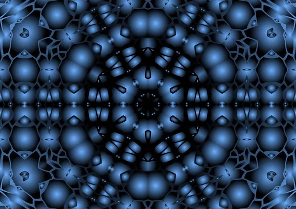 Dijital illüstrasyon, geometrik soyut renkli kaleydoskop simetrik desen ve gradyan etkisi. Klasik güzel dekoratif mavi arkaplan