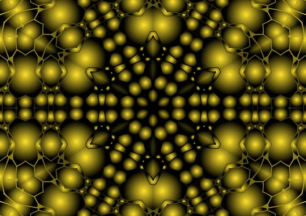 Dijital illüstrasyon, geometrik soyut renkli kaleydoskop simetrik desen ve gradyan etkisi. Klasik güzel dekoratif sarı arkaplan