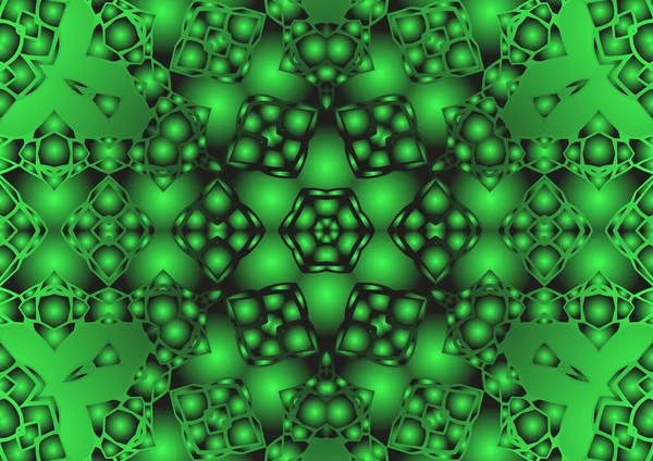 Dijital illüstrasyon, geometrik soyut renkli kaleydoskop simetrik desen ve gradyan etkisi. Klasik güzel dekoratif yeşil arkaplan
