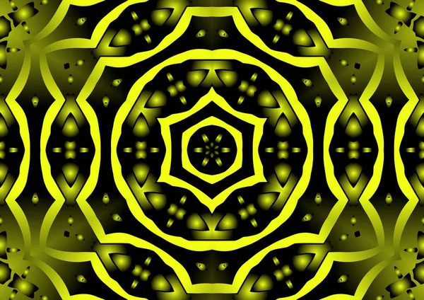 Dijital illüstrasyon, geometrik soyut renkli kaleydoskop simetrik desen ve gradyan etkisi. Klasik güzel dekoratif sarı arkaplan