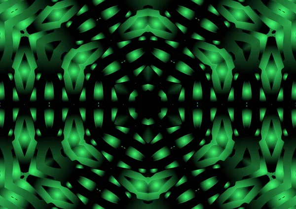 Dijital illüstrasyon, geometrik soyut renkli kaleydoskop simetrik desen ve gradyan etkisi. Klasik güzel dekoratif yeşil arkaplan