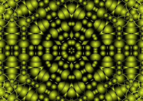 Dijital illüstrasyon, geometrik soyut renkli kaleydoskop simetrik desen ve gradyan etkisi. Klasik güzel dekoratif sarı arkaplan