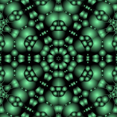 Dijital illüstrasyon, geometrik soyut renkli kaleydoskop simetrik desen ve gradyan etkisi. Klasik güzel dekoratif yeşil arkaplan