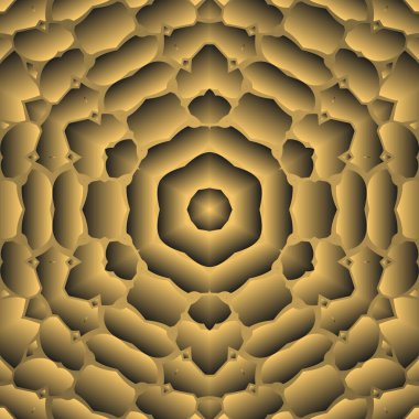 Dijital illüstrasyon, geometrik soyut renkli kaleydoskop simetrik desen ve gradyan etkisi. Klasik güzel dekoratif sarı arkaplan