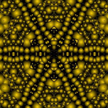 Dijital illüstrasyon, geometrik soyut renkli kaleydoskop simetrik desen ve gradyan etkisi. Klasik güzel dekoratif sarı arkaplan