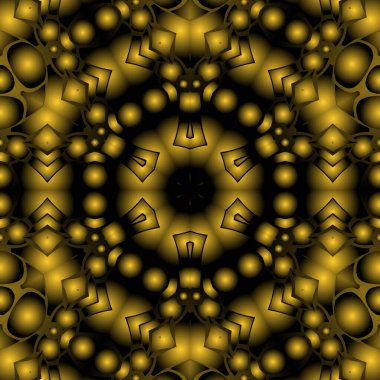 Dijital illüstrasyon, geometrik soyut renkli kaleydoskop simetrik desen ve gradyan etkisi. Klasik güzel dekoratif sarı arkaplan
