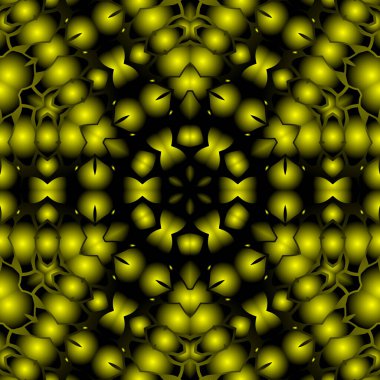 Dijital illüstrasyon, geometrik soyut renkli kaleydoskop simetrik desen ve gradyan etkisi. Klasik güzel dekoratif sarı arkaplan