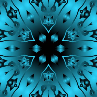 Dijital illüstrasyon, geometrik soyut renkli kaleydoskop simetrik desen ve gradyan etkisi. Klasik güzel dekoratif mavi arkaplan