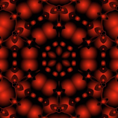 Dijital illüstrasyon, geometrik soyut renkli kaleydoskop simetrik desen ve gradyan etkisi. Klasik güzel dekoratif kırmızı arkaplan