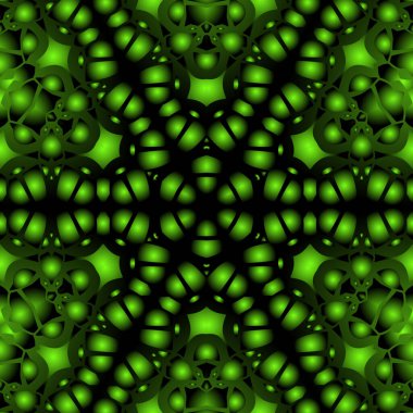 Dijital illüstrasyon, geometrik soyut renkli kaleydoskop simetrik desen ve gradyan etkisi. Klasik güzel dekoratif yeşil arkaplan