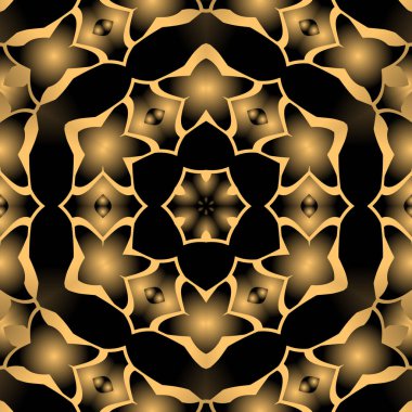 Dijital illüstrasyon, geometrik soyut renkli kaleydoskop simetrik desen ve gradyan etkisi. Klasik güzel dekoratif sarı arkaplan