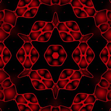 Dijital illüstrasyon, geometrik soyut renkli kaleydoskop simetrik desen ve gradyan etkisi. Klasik güzel dekoratif kırmızı arkaplan